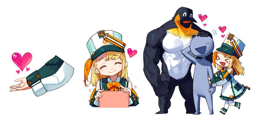 &gt;_&lt; 1girl :d band_uniform bird broguin closed_eyes detached_sleeves dress emperor_penguin hat heart height_difference highres holding holding_needle knitting knitting_needle multiple_views muscular needle official_art pengin_pina penguin prism_project rinotuna sailor_dress scarf shako_cap smile thighhighs virtual_youtuber xd yarn