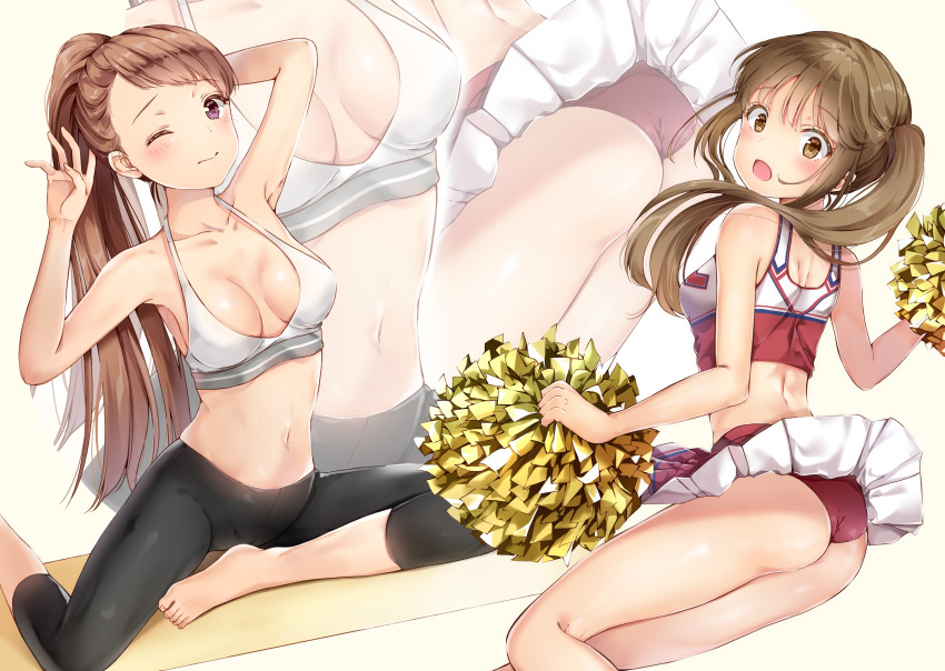 2girls :o absurdres arm_up armpits ass bare_arms bare_shoulders breasts brown_eyes brown_hair cheerleader collarbone crop_top from_behind halter_top halterneck hand_up highres holding holding_pom_poms long_hair looking_at_viewer medium_breasts midriff miniskirt multiple_girls navel one_eye_closed open_mouth original panties pants pom_poms ponytail purple_eyes red_panties red_shirt red_skirt shirt simple_background skirt skirt_lift sleeveless sleeveless_shirt spaghetti_strap stomach twintails underwear white_background white_shirt yoga_pants yoshida_iyo zoom_layer