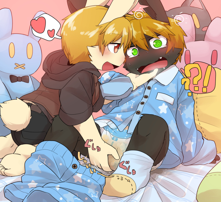 anthro blush bodily_fluids clothed clothing diaper duo fur genital_fluids hair hypnosis japanese_text lagomorph leaking_diaper leporid male male/male mammal mind_control peeing rabbit satsuki_rabbit text urine wet_diaper wetting