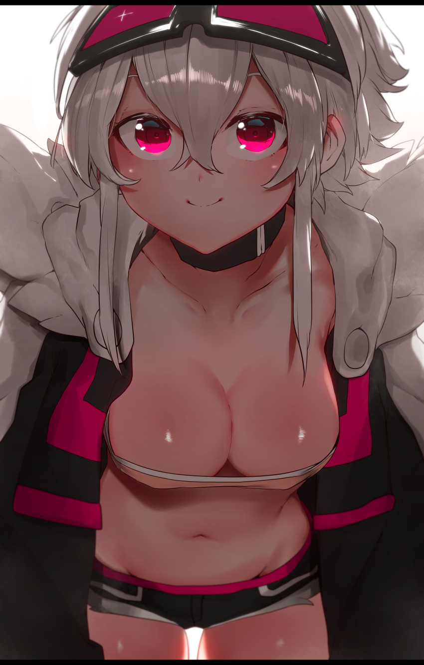 1girl absurdres bandeau breasts cleavage collar collarbone fur_trim goggles goggles_on_head hair_between_eyes highres jacket looking_at_viewer medium_breasts midriff navel niwamaru niwarizumu original pink_eyes short_shorts shorts simple_background smile solo underboob white_background white_hair