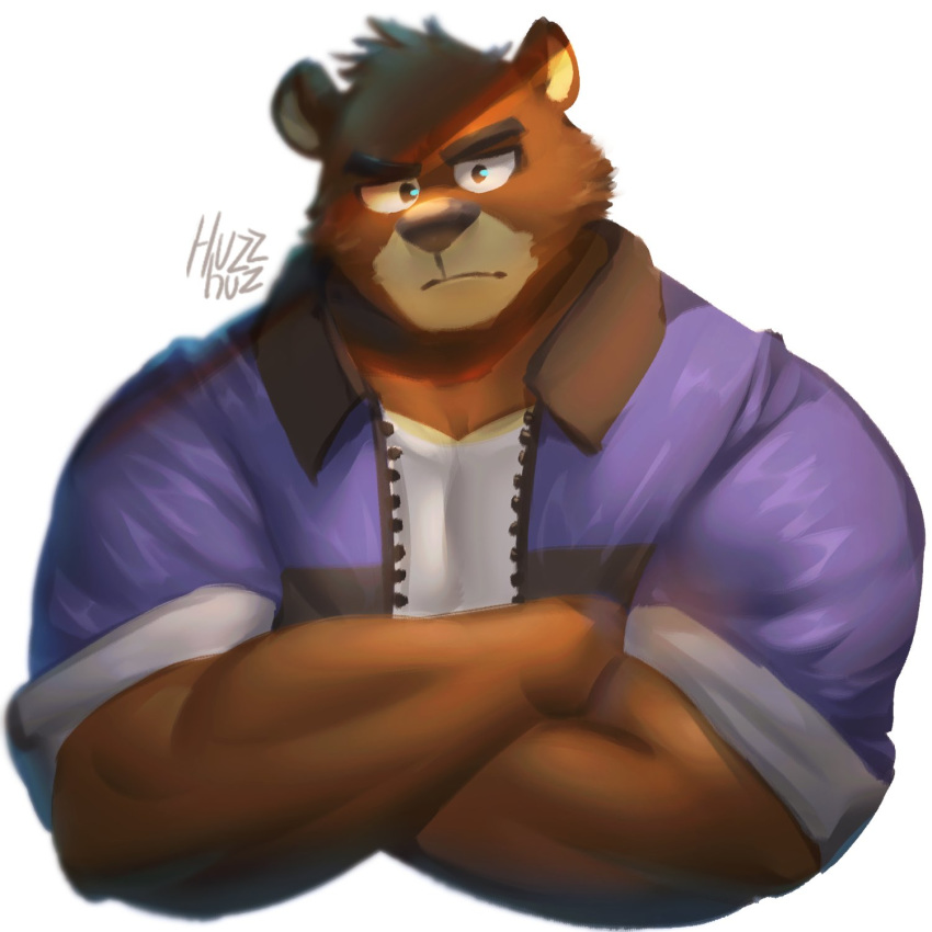 1:1 2020 anthro brown_body brown_fur clothing fur hi_res huzzhuz juuichi_mikazuki male mammal morenatsu musclegut shirt simple_background solo topwear ursid video_games visual_novel white_background