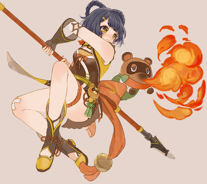 1girl animal_crossing bandaid bandaid_on_knee black_footwear blue_hair boots breathing_fire chili_pepper china_dress chinese_clothes commentary crossover dress fighting_stance fingerless_gloves fire full_body genshin_impact gloves hair_rings highres long_hair looking_to_the_side polearm short_dress short_eyebrows sleeveless sleeveless_dress tanuki tanupon tom_nook_(animal_crossing) weapon xiangling_(genshin_impact) yellow_eyes