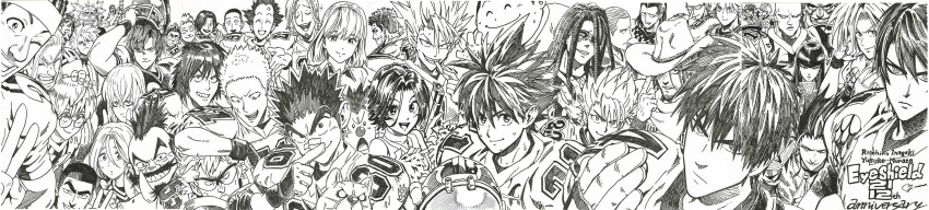 6+boys anniversary artist_name bangs beard blunt_bangs character_request closed_mouth everyone eyeshield_21 facial_hair football_helmet football_uniform glasses gloves greyscale grin headband helmet highres kobayakawa_sena long_hair long_image looking_at_viewer monochrome multiple_boys murata_yuusuke official_art scan short_hair smile spiked_hair sportswear sweat tagme teikoku_alexanders traditional_media wide_image