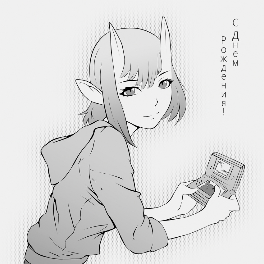 1girl borrowed_character breasts closed_mouth english_commentary greyscale handheld_game_console highres hood hoodie horns looking_at_viewer miura-n315 monochrome nintendo_ds original pointy_ears short_hair simple_background smile solo