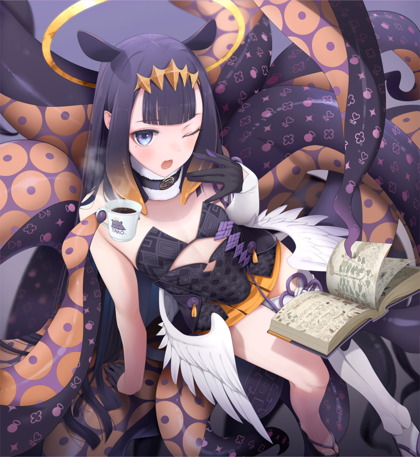 1girl :o arm_support bangs bare_shoulders black_gloves blue_eyes blunt_bangs blush book clover_print coffee coffee_mug cup cutout_below_navel detached_collar detached_sleeves diamond_(symbol) eyebrows_visible_through_hair fang feathered_wings fed_(giba) flat_chest from_above fur_collar geta gloves hair_ornament half_gloves halo heart heart_print highres hololive hololive_english long_hair looking_at_viewer mole mole_under_eye mug multicolored_hair ninomae_ina'nis one_eye_closed open_book open_mouth open_toe_shoes pleated_skirt purple_background simple_background single_sleeve single_thighhigh sitting skirt solo tentacles thighhighs two-tone_hair upper_teeth virtual_youtuber voynich_manuscript white_legwear wings yawning yellow_skirt