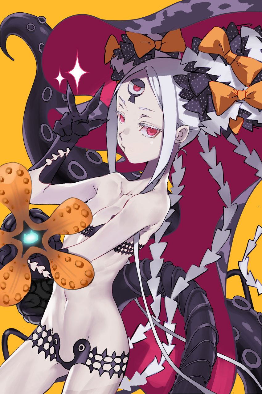 1girl abigail_williams_(fate/grand_order) abigail_williams_(swimsuit_foreigner)_(fate) absurdres bangs bikini black_bikini black_bow blush bow breasts collarbone double_bun elbow_gloves eyebrows_visible_through_hair fate/grand_order fate_(series) gloves hair_bow highres keyhole laio long_hair looking_at_viewer multiple_bows open_mouth orange_bow parted_bangs red_eyes sidelocks small_breasts solo swimsuit third_eye v very_long_hair white_hair