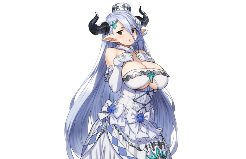 blue_hair bow breast_hold breasts brown_eyes cleavage dress elbow_gloves gloves granblue_fantasy hat horns houtengeki izmir_(granblue_fantasy) long_hair pointed_ears sketch underboob white