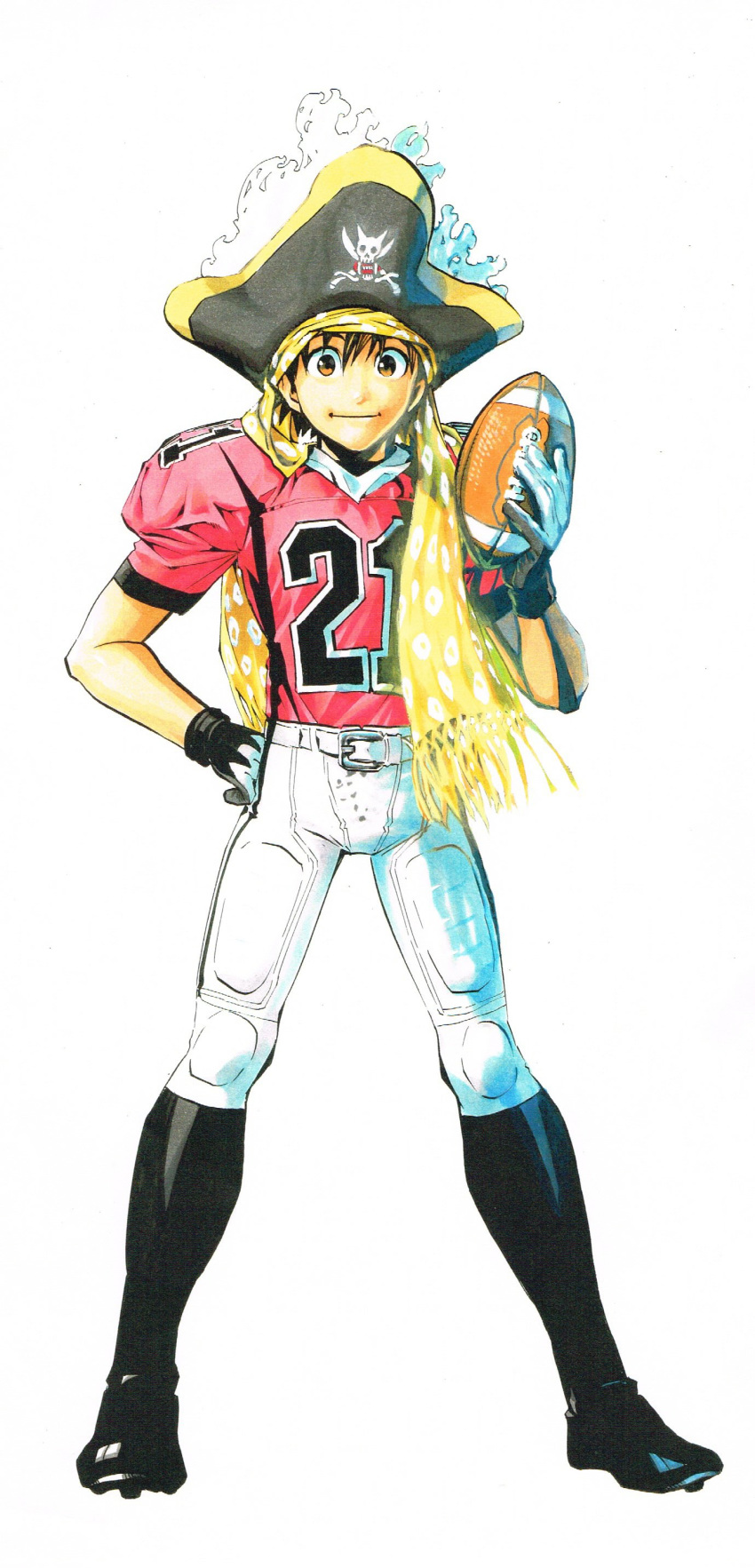 1boy :| absurdres ball belt black_headwear boots brown_eyes brown_hair closed_mouth eyeshield_21 football_(object) football_uniform full_body gloves hand_on_hip hand_up hat headband highres holding holding_ball kobayakawa_sena legs_apart looking_at_viewer male_focus murata_yuusuke official_art pants pink_shirt pirate_hat scarf shirt simple_background skull_and_crossbones smile solo sportswear standing traditional_media white_background white_gloves white_pants