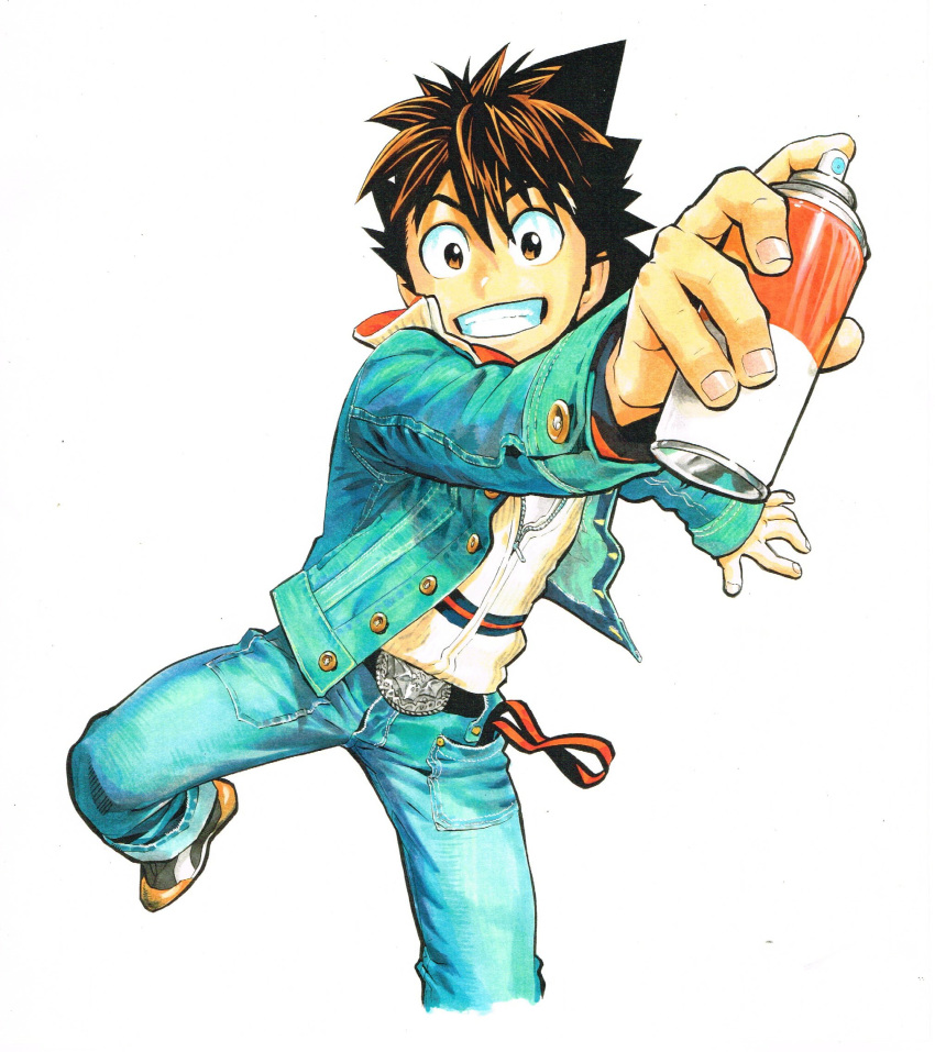 1boy blue_pants denim eyeshield_21 fingernails foreshortening green_eyes green_hair green_jacket grin highres holding jacket jeans kobayakawa_sena long_sleeves looking_at_viewer male_focus murata_yuusuke official_art open_clothes open_jacket paint_can pants sanpaku scan shoes simple_background smile solo spiked_hair standing standing_on_one_leg sweater traditional_media white_background