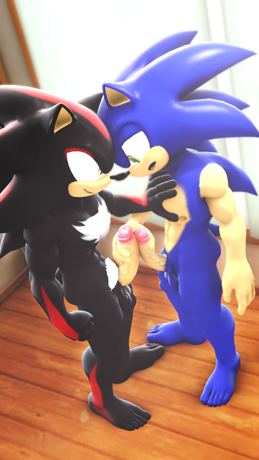 3d_(artwork) 9:16 balls digital_media_(artwork) duo erection frottage genitals handjob hi_res loafsfm male male/male muscular muscular_male nipples pecs penile penis sex shadow_the_hedgehog smile sonic_the_hedgehog sonic_the_hedgehog_(series) source_filmmaker standing