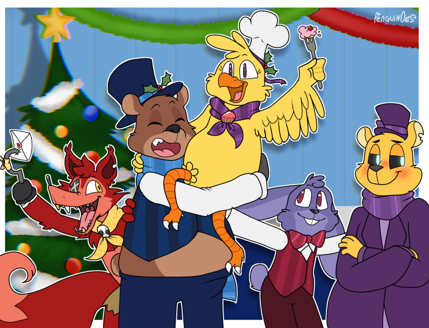 2020 anthro avian bird bonnie_(fnaf) bow_tie brown_body brown_fur buckteeth cake canid canine carrying chica_(fnaf) chicken christmas clothed clothing crossed_arms dessert eye_patch eyes_closed eyewear feathers five_nights_at_freddy's food fox foxy_(fnaf) freddy_(fnaf) fur galliform gallus_(genus) golden_freddy_(fnaf) happy hat headgear headwear hi_res holding_object holidays hook lagomorph leporid long_ears mammal mostly_nude notched_ear open_mouth open_smile outline penguinburgs phasianid purple_body purple_fur rabbit red_body red_fur scarf sharp_teeth slightly_chubby smile teeth tongue ursid video_games yellow_body yellow_feathers yellow_fur