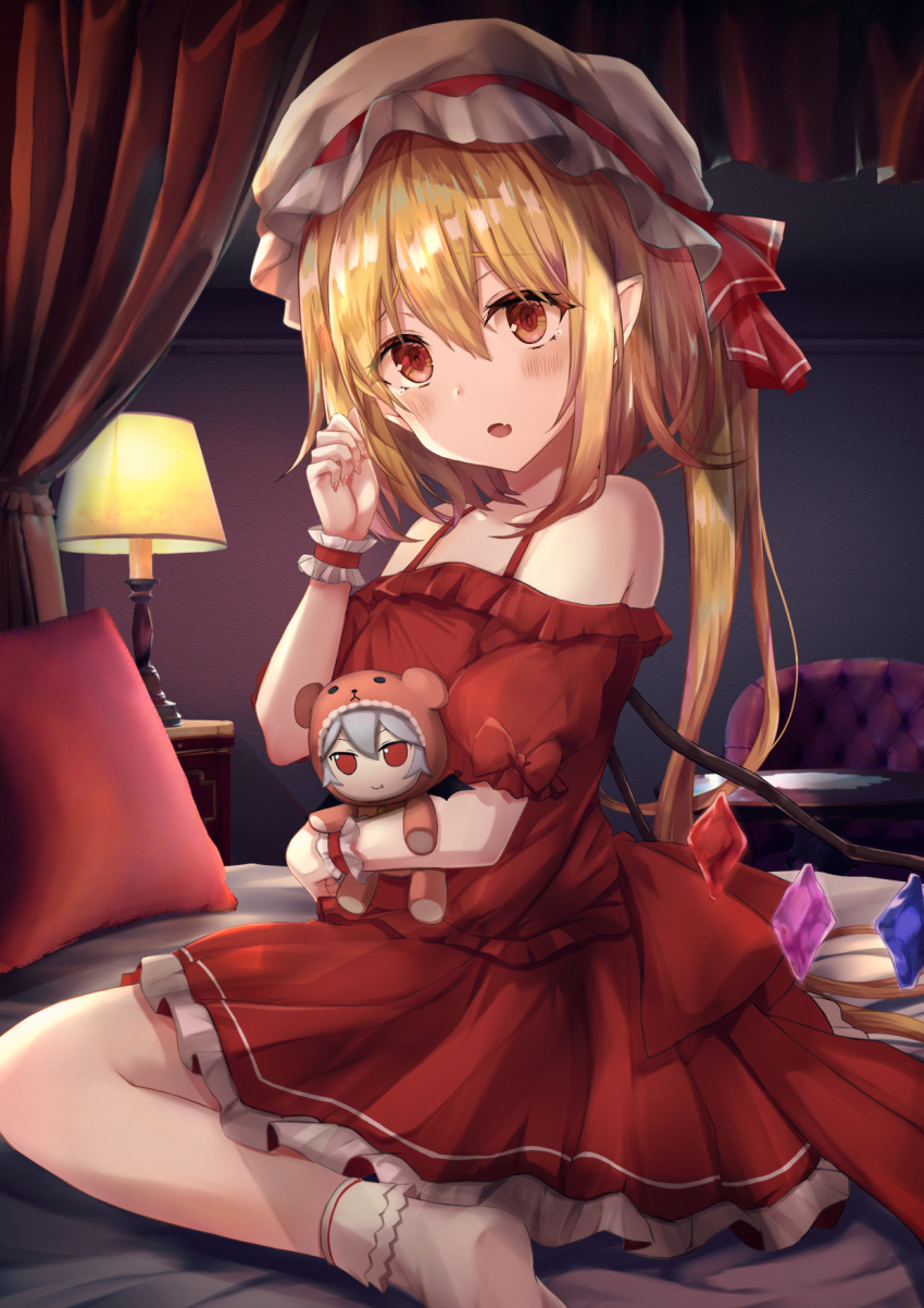 1girl adapted_costume back_bow bare_shoulders bed blonde_hair blush bobby_socks bow breasts canopy_bed chair character_doll commentary_request crystal doll dress fang flandre_scarlet foot_out_of_frame fumo_(doll) furrowed_eyebrows gradient hat hat_ribbon head_tilt highres holding holding_doll indoors lamp looking_at_viewer mob_cap on_bed one_side_up open_mouth pillow pointy_ears red_bow red_dress red_eyes red_ribbon remilia_scarlet revision ribbon short_hair sitting skin_fang small_breasts socks solo table tearing_up torottye touhou wariza white_headwear wings wrist_cuffs