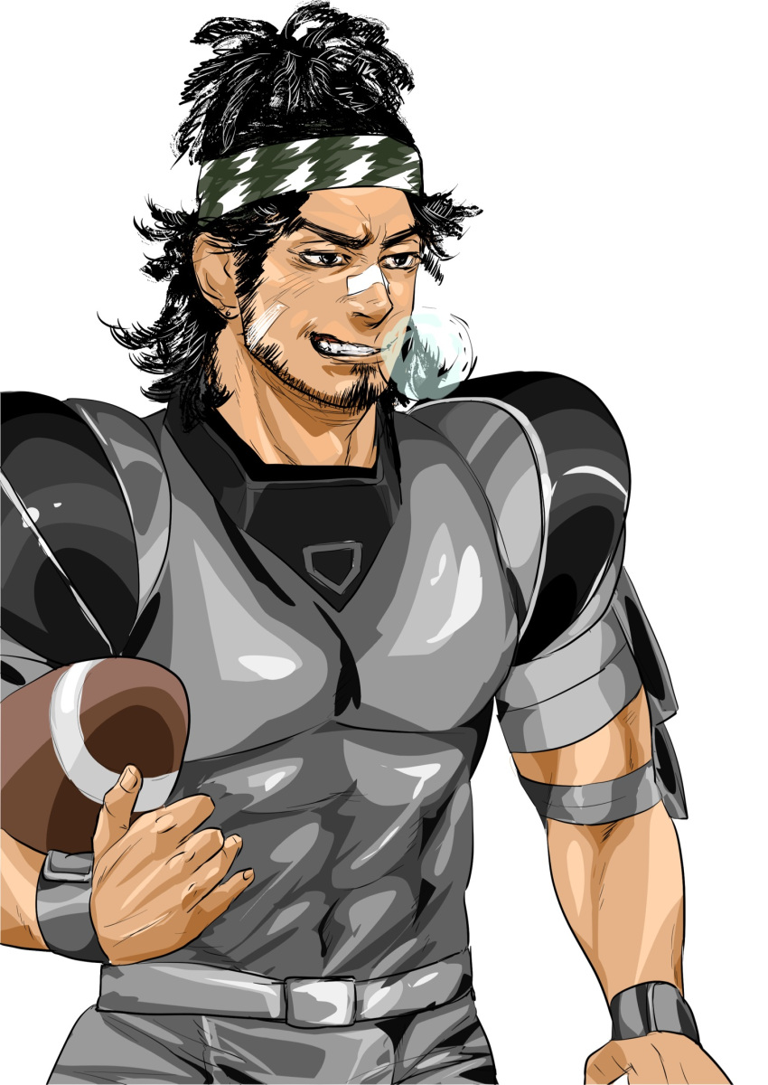 1boy bad_hand bandages bara black_hair football headband highres identity_v izurunet male_focus sketch solo sportswear standing thick_eyebrows white_background william_ellis wristband