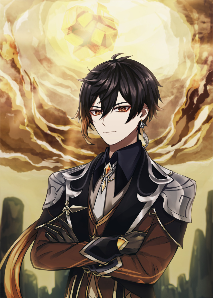 1boy absurdres bangs black_gloves black_hair blurry blurry_background brown_hair closed_mouth cloud cloudy_sky collar crossed_arms falling formal genshin_impact gloves hair_between_eyes highres jacket jewelry long_hair long_sleeves looking_at_viewer male_focus meteor mountain multicolored_hair ponytail rock rvve single_earring sky solo suit yellow_eyes zhongli_(genshin_impact)