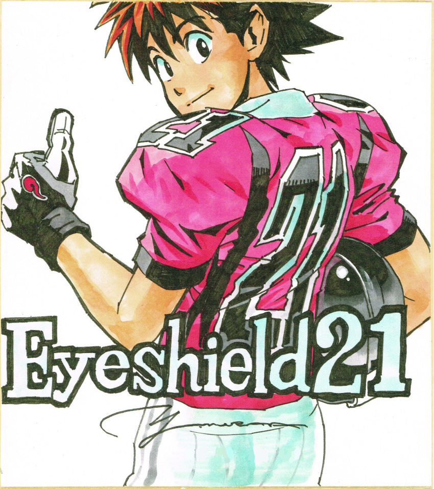 1boy black_eyes brown_hair closed_mouth copyright_name eyeshield_21 football_helmet football_uniform from_behind gloves helmet highres kobayakawa_sena looking_at_viewer looking_back murata_yuusuke official_art pants pink_shirt puffy_short_sleeves puffy_sleeves sanpaku scan shirt short_sleeves signature simple_background smile spiked_hair sportswear standing thumbs_up traditional_media white_background