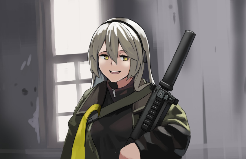 1girl ace_combat ace_combat_zero bangs crossover girls_frontline grey_hair gun highres kion-kun larry_foulke open_mouth parody sidelocks smile solo ump40_(girls_frontline) weapon yellow_eyes