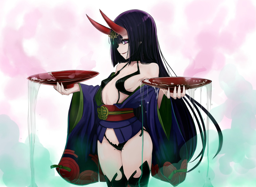 1girl alternate_hair_length alternate_hairstyle b.d breasts cowboy_shot cup eyeliner fate/grand_order fate_(series) graphite_(medium) headpiece horns japanese_clothes kimono long_hair makeup oni oni_horns open_clothes open_kimono purple_eyes purple_hair purple_kimono revealing_clothes sakazuki short_eyebrows shuten_douji_(fate/grand_order) skin-covered_horns small_breasts solo traditional_media very_long_hair