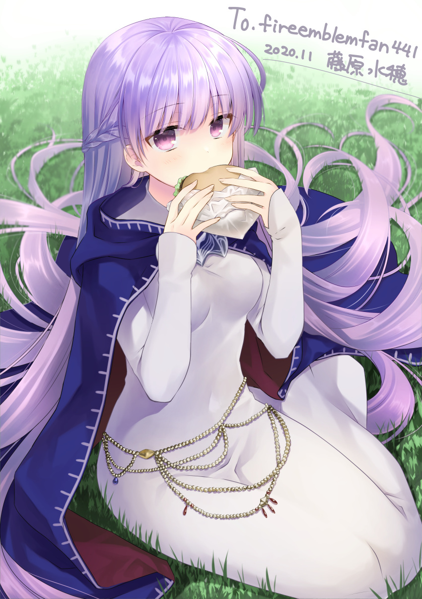 1girl absurdly_long_hair absurdres belly_chain blue_cape blue_dress braid breasts cape commission commissioner_upload dated dress eating expressionless eyebrows_visible_through_hair fire_emblem fire_emblem:_the_binding_blade food french_braid fujiwara_minaho grass hamburger highres huge_filesize jewelry long_hair medium_breasts navel purple_eyes purple_hair sitting solo sophia_(fire_emblem) very_long_hair