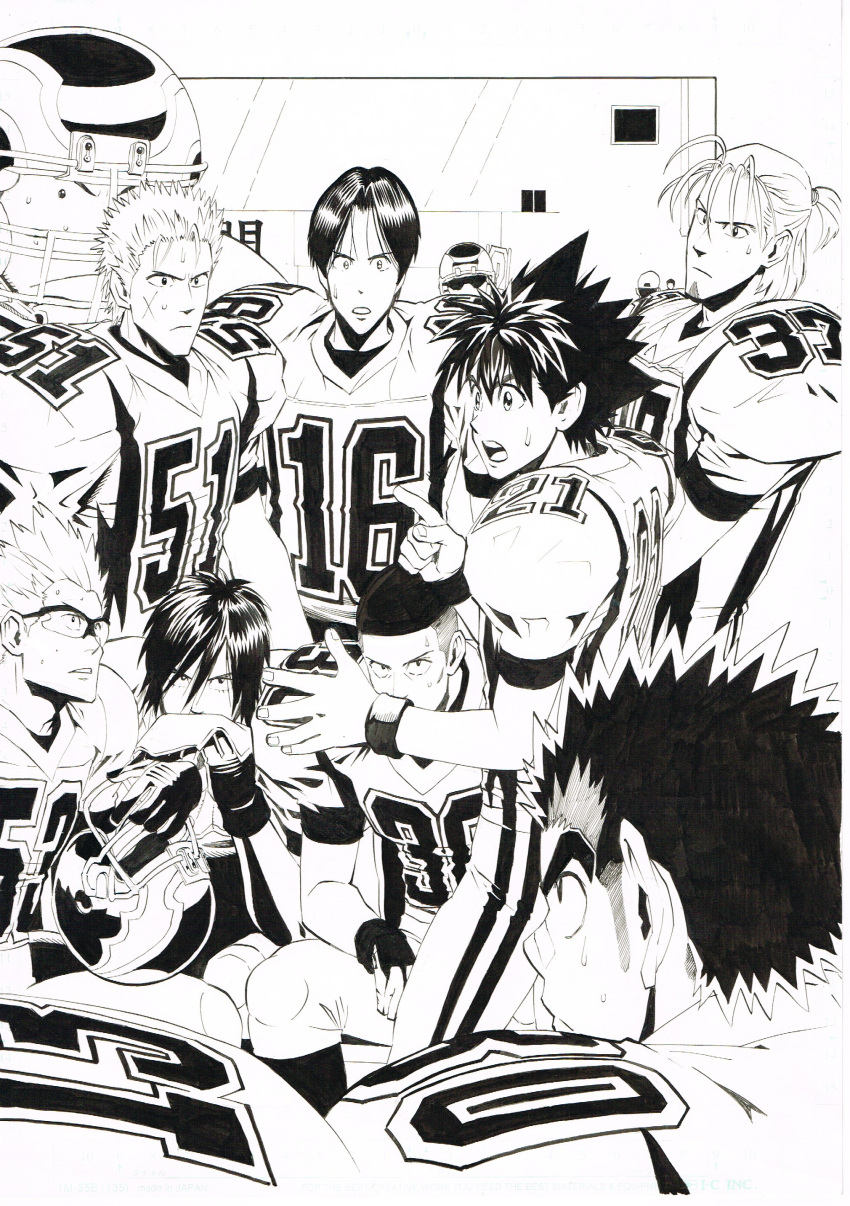 6+boys absurdres bandaid bandaid_on_nose beard bench brown_hair character_request closed_mouth eyeshield_21 facial_hair fingernails football football_helmet football_uniform greyscale helmet highres index_finger_raised kobayakawa_sena medium_hair monochrome multiple_boys murata_yuusuke official_art open_mouth pants ponytail red_eyes scan scar scar_on_cheek scar_on_face short_hair shoulder_pads sitting spiked_hair sportswear sweat traditional_media white_pants wristband