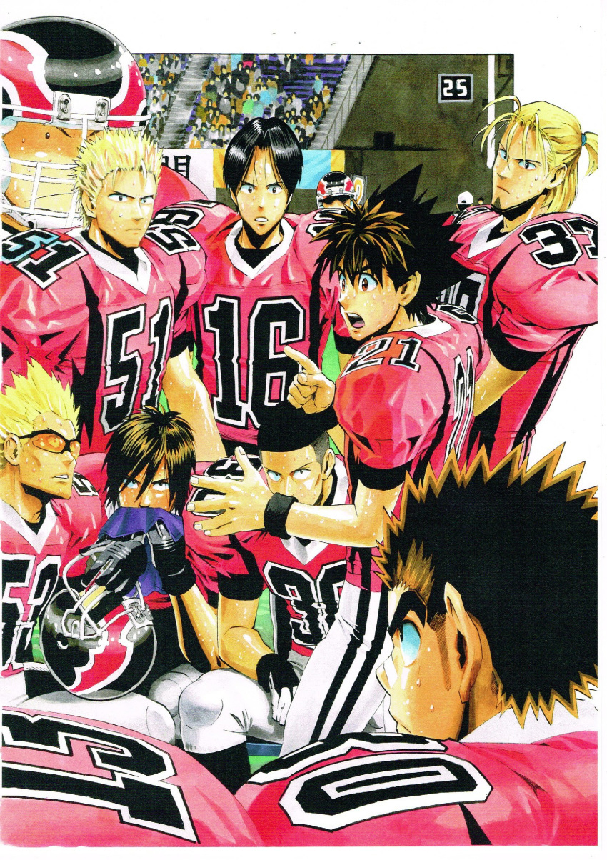 6+boys bandaid bandaid_on_nose beard bench brown_hair character_request closed_mouth eyeshield_21 facial_hair fingernails football football_helmet football_uniform helmet highres index_finger_raised kobayakawa_sena medium_hair multiple_boys murata_yuusuke official_art open_mouth pants ponytail red_eyes scan scar scar_on_cheek scar_on_face short_hair shoulder_pads sitting spiked_hair sportswear sweat traditional_media white_pants wristband