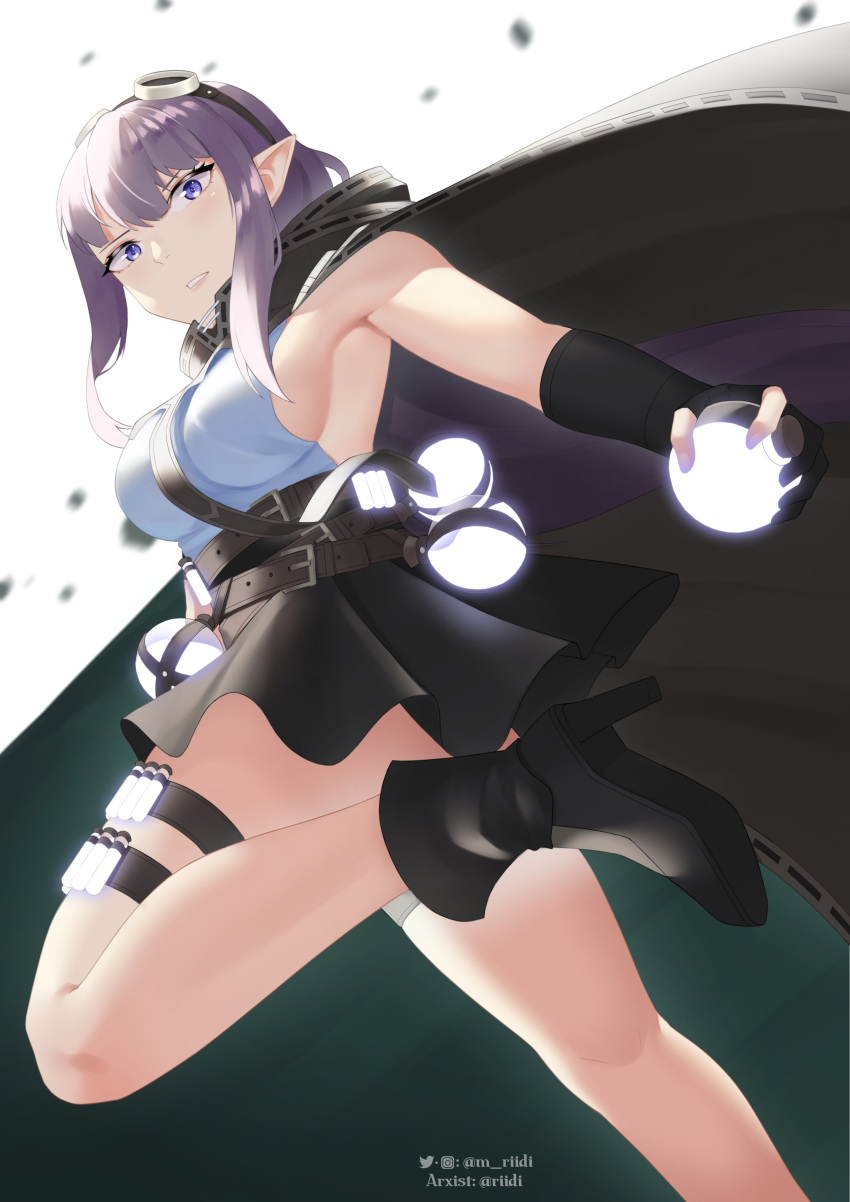 1girl absurdres artist_name belt black_footwear black_gloves blue_eyes breasts cape english_commentary gloves glowing_liquid goggles goggles_on_head hair_behind_ear highres holding large_breasts leg_up looking_down mawaridi original parted_lips partially_fingerless_gloves pointy_ears purple_eyes purple_hair sideboob solo thigh_strap vial