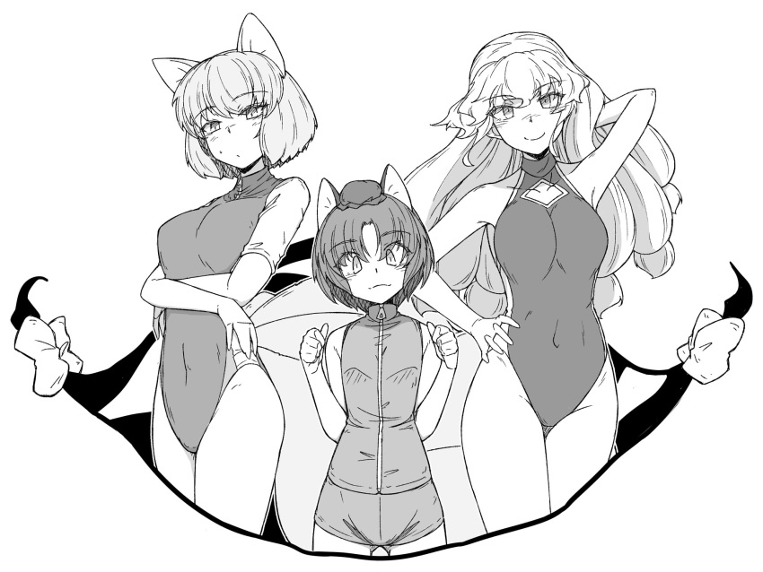 3girls animal_ears arm_behind_head arm_up bangs bikini_shorts bob_cut cat_ears cat_tail chen clenched_hands closed_mouth commentary covered_navel crossed_arms eyebrows_visible_through_hair eyes_visible_through_hair fox_ears fox_tail full_body gap_(touhou) greyscale half-closed_eyes halterneck hand_in_hair hand_on_hip hat highres light_blush light_frown long_hair looking_at_viewer low-tied_long_hair mini_hat mob_cap monochrome multiple_girls multiple_tails navel no_hat no_headwear one-piece_swimsuit outside_border shirt short_hair short_sleeves shorts sleeveless sleeveless_shirt smile standing sunatoshi swimsuit tail touhou two_tails yakumo_ran yakumo_yukari zipper