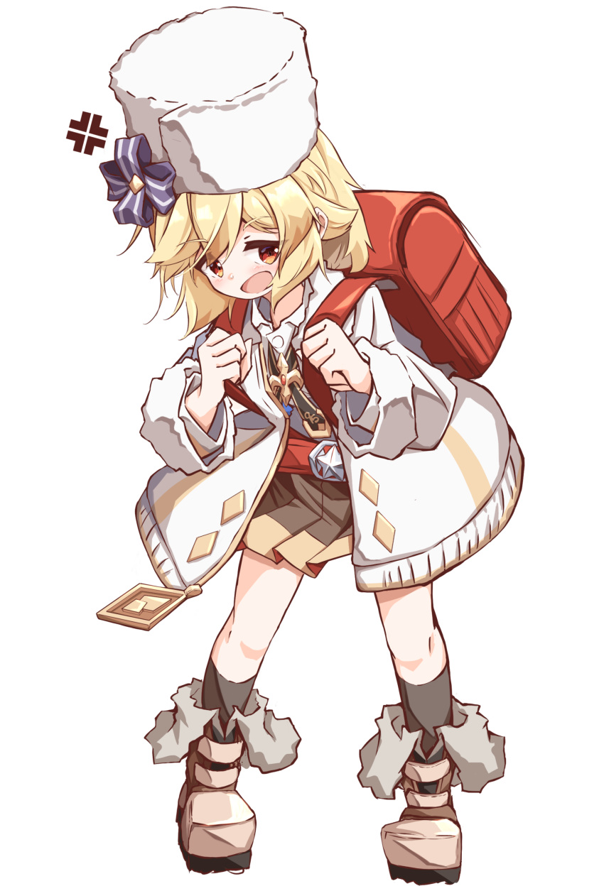 1girl absurdres anger_vein backpack bag bangs belt belt_buckle black_legwear blonde_hair blush boots brown_footwear brown_skirt buckle collared_shirt commentary_request eyebrows_visible_through_hair full_body fur-trimmed_boots fur-trimmed_sleeves fur_hat fur_trim girls_frontline hair_between_eyes hat highres holding_strap jacket kneehighs leaning_forward long_sleeves looking_at_viewer matsuo_(matuonoie) nagant_revolver_(girls_frontline) open_clothes open_jacket open_mouth pleated_skirt randoseru red_belt red_eyes shirt simple_background skirt solo standing white_background white_headwear white_jacket white_shirt