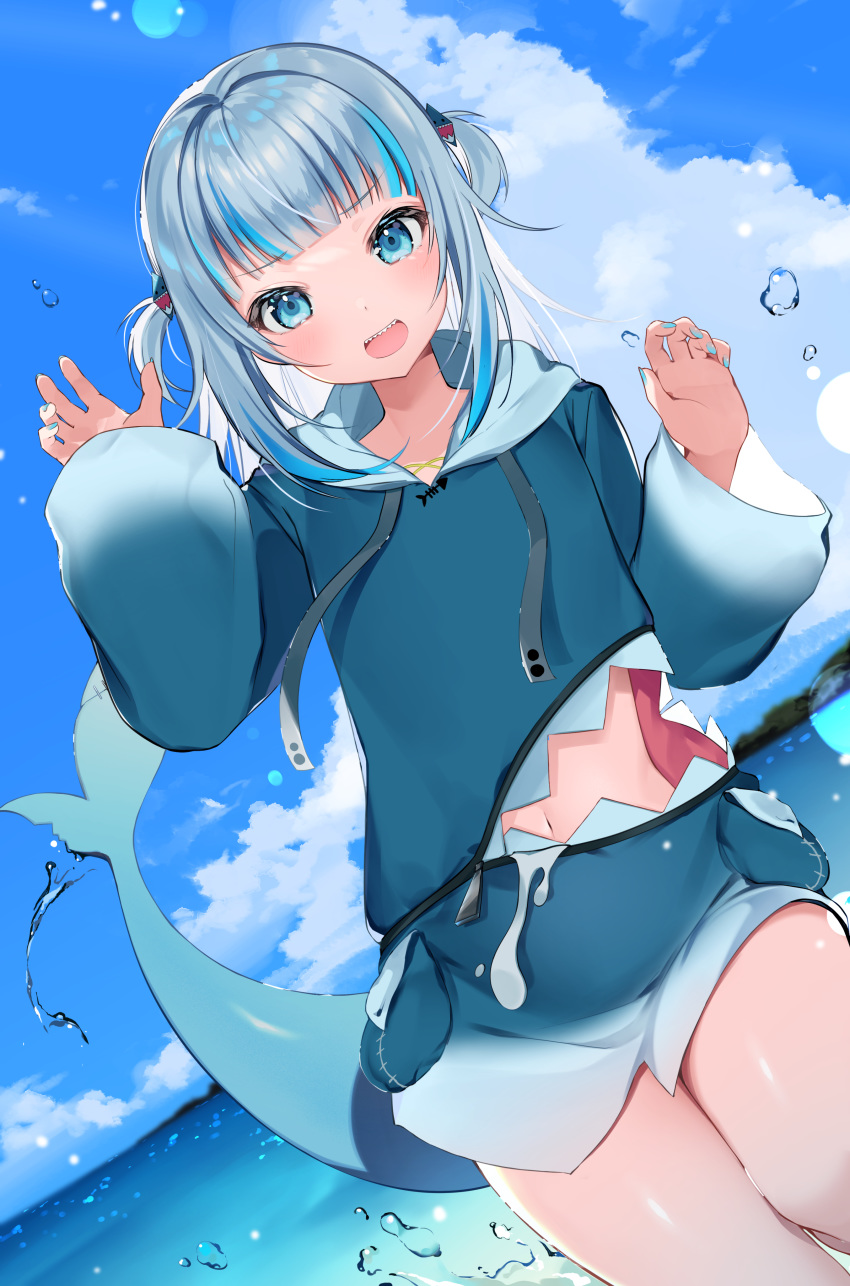 1girl absurdres beach blue_eyes blue_nails claw_pose cloud cloudy_sky cowboy_shot drawstring dutch_angle fingerless_gloves fish_tail gawr_gura gloves hair_ornament highres hololive hololive_english looking_at_viewer mikeneko_mari multicolored_hair nail_polish navel ocean open_mouth pouch shark shark_hair_ornament shark_tail sharp_teeth short_hair_with_long_locks sidelocks silver_hair sky solo splashing streaked_hair tail teeth thighs two_side_up virtual_youtuber water water_drop