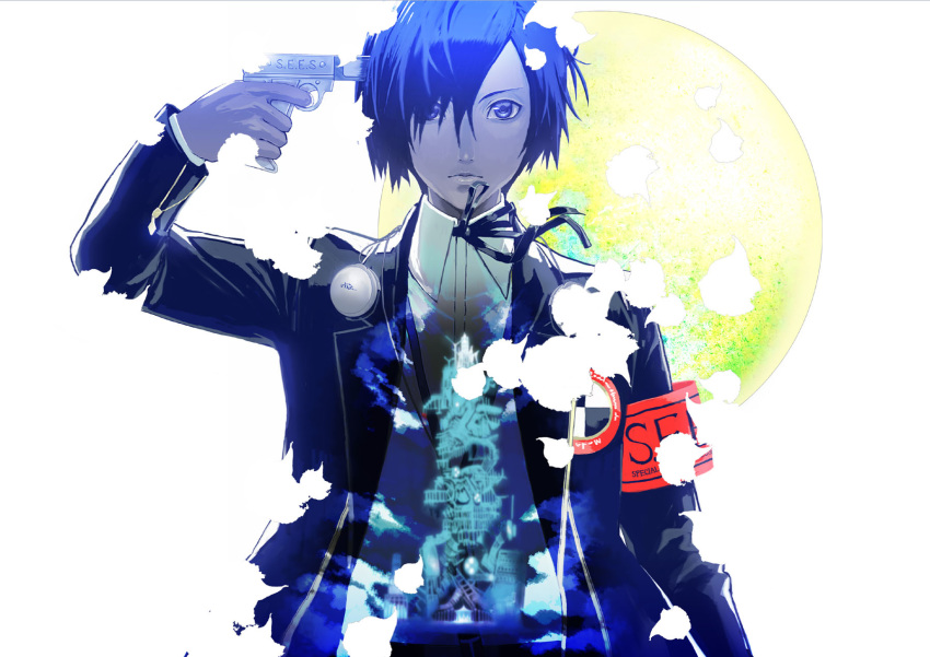 1boy armband black_neckwear black_ribbon blue_eyes blue_hair closed_mouth gun hair_between_eyes handgun headphones headphones_removed highres holding holding_gun holding_weapon male_focus moon persona persona_3 red_armband ribbon sakanaru solo weapon yellow_moon yuuki_makoto