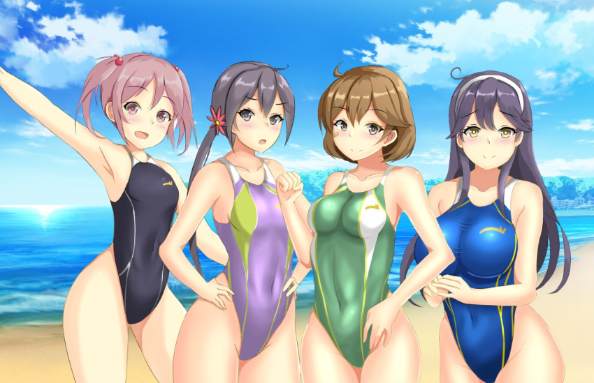 ahoge akebono_(kantai_collection) bandaid bandaid_on_face beach black_hair black_swimsuit blue_sky blue_swimsuit breasts brown_eyes cloud commentary_request competition_swimsuit covered_navel cowboy_shot day flower green_swimsuit grey_eyes grey_hair hair_bobbles hair_flower hair_ornament hairband highleg highleg_swimsuit horizon impossible_clothes impossible_swimsuit kantai_collection large_breasts long_hair looking_at_viewer medium_breasts montemasa oboro_(kantai_collection) ocean one-piece_swimsuit orange_hair outdoors pink_eyes pink_hair purple_swimsuit remodel_(kantai_collection) sazanami_(kantai_collection) short_hair side_ponytail signature sky small_breasts smile standing swimsuit twintails ushio_(kantai_collection) very_long_hair white_hairband yellow_eyes