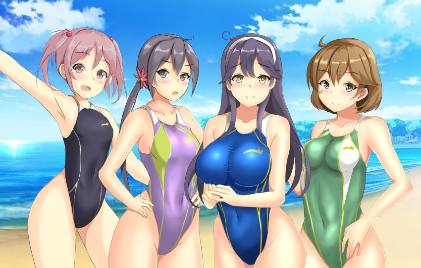 ahoge akebono_(kantai_collection) bandaid bandaid_on_face beach black_hair black_swimsuit blue_sky blue_swimsuit breasts brown_eyes cloud commentary_request competition_swimsuit covered_navel cowboy_shot day flower green_swimsuit grey_eyes grey_hair hair_bobbles hair_flower hair_ornament hairband highleg highleg_swimsuit highres horizon impossible_clothes impossible_swimsuit kantai_collection large_breasts long_hair looking_at_viewer medium_breasts montemasa oboro_(kantai_collection) ocean one-piece_swimsuit orange_hair outdoors pink_eyes pink_hair purple_swimsuit remodel_(kantai_collection) sazanami_(kantai_collection) short_hair side_ponytail signature sky small_breasts smile standing swimsuit twintails ushio_(kantai_collection) very_long_hair white_hairband yellow_eyes