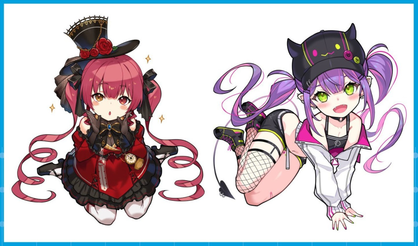 2girls :o black_gloves black_shorts blush border chibi demon_tail fangs fishnet_legwear fishnets gloves green_eyes hat heterochromia hololive houshou_marine kakage kneeling mini_hat multiple_girls navel official_alternate_costume open_mouth purple_hair red_eyes red_hair short_shorts shorts single_thighhigh sitting tail thighhighs tokoyami_towa twintails virtual_youtuber wariza yellow_eyes