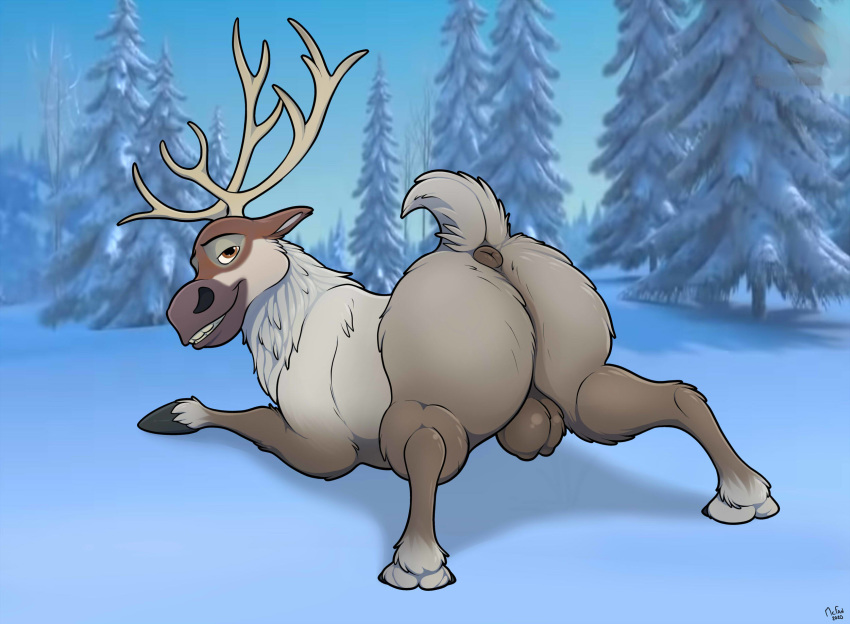 2020 antlers anus ass_up balls big_butt black_eyebrows black_hooves blue_sky brown_eyes butt capreoline cervid day detailed_background digital_media_(artwork) disney eyebrows feral forest frozen_(movie) fur genitals grey_anus grey_balls grey_body grey_fur grey_horn grey_tail grin hi_res hooves horn looking_at_viewer looking_back male mammal mcfan outside presenting presenting_hindquarters quadruped rear_view reindeer seductive sky smile snow solo sven_(frozen) teeth tree