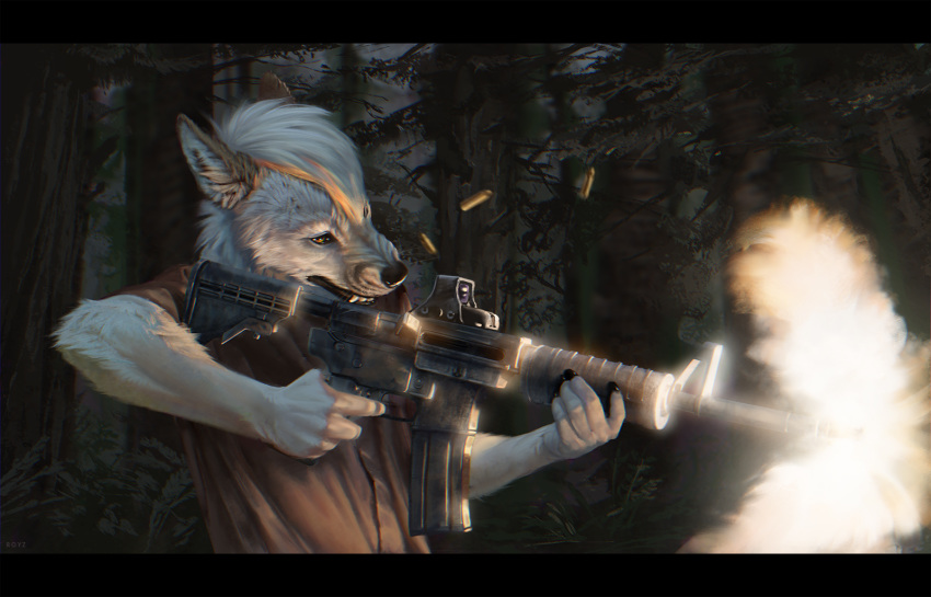 5_fingers anthro black_bars black_nose canid canine canis conditional_dnp day detailed_background fingers forest gun hair hi_res holding_gun holding_object holding_weapon latex_(artist) male mammal outside ranged_weapon royx solo tree weapon white_hair wolf