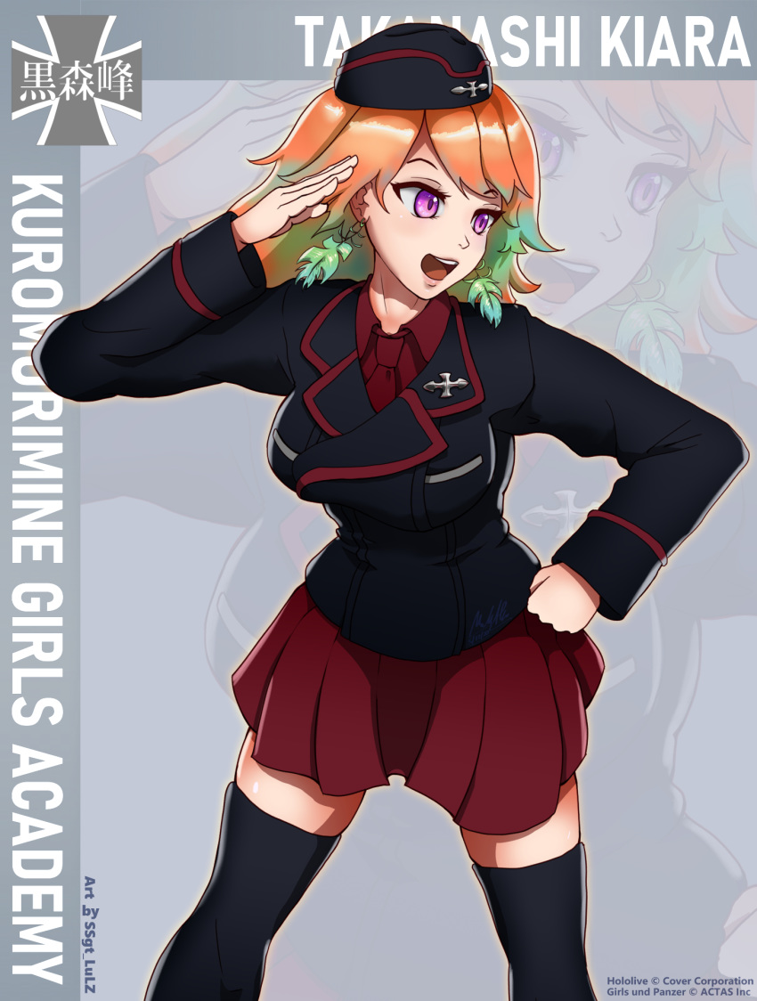 1girl artist_name bangs black_legwear breasts crossover double-breasted drop_earrings earrings emblem feather_earrings feathers girls_und_panzer gradient gradient_background green_hair hand_on_hip highres hololive hololive_english jewelry kuromorimine_(emblem) kuromorimine_military_uniform lapel_pin large_breasts lips looking_to_the_side maltese_cross miniskirt open_mouth orange_hair pink_hair red_skirt salute skirt ssgt-lulz swept_bangs takanashi_kiara thighhighs virtual_youtuber zettai_ryouiki zoom_layer