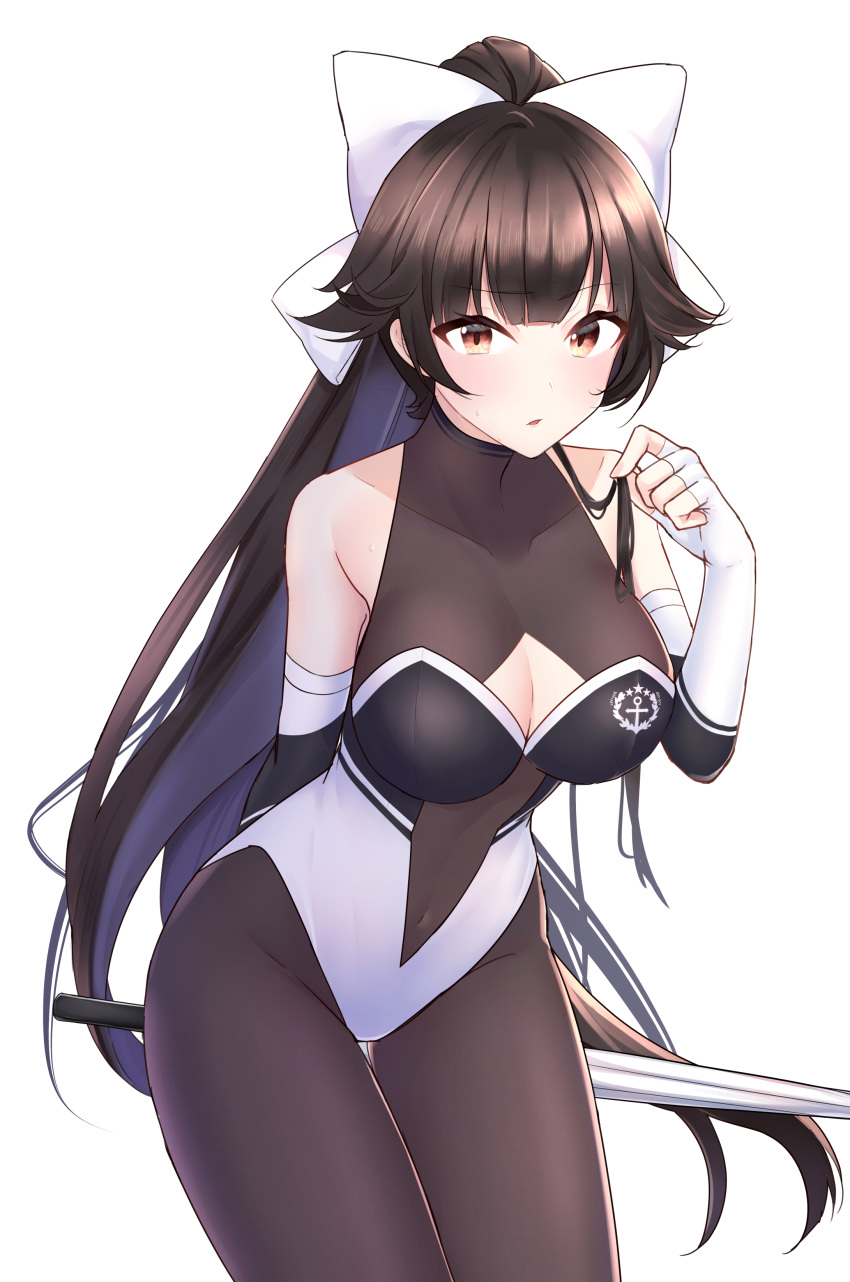 1girl absurdres azur_lane black_hair black_legwear bodystocking bow breasts brown_eyes cleavage_cutout clothing_cutout cowboy_shot hair_flaps highres jyu-so large_breasts leaning_forward long_hair looking_at_viewer multicolored_leotard race_queen ribbon simple_background solo takao_(azur_lane) takao_(full_throttle_charmer)_(azur_lane) thigh_gap two-tone_leotard umbrella white_background white_bow white_ribbon