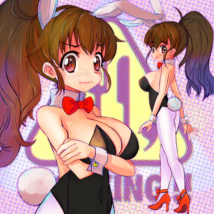 1girl animal_ears black_leotard bow bowtie breasts brown_eyes brown_hair bunny_ears bunny_tail cleavage commentary_request cowboy_shot detached_collar full_body high_heels highres large_breasts leotard logo long_hair looking_at_viewer multiple_views one-piece_thong pantyhose playboy_bunny ponytail pout red_footwear red_neckwear standing strapless strapless_leotard tail taneshima_popura thong_leotard tsukiyono_aroe white_legwear working!! wrist_cuffs zoom_layer