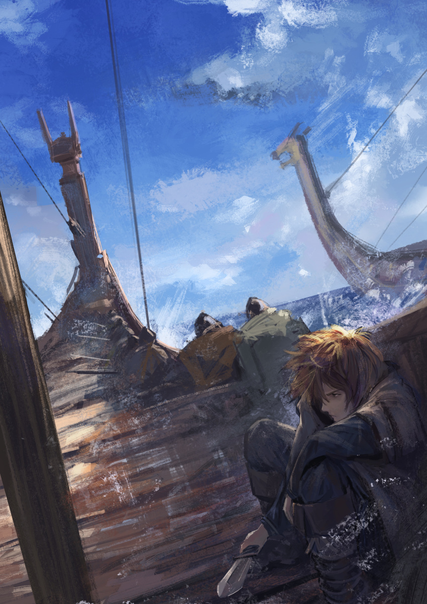 absurdres blonde_hair boat_interior cloud drakkar helmet highres huge_filesize knife lhsx multiple_boys ocean sailing ship short_hair thorfinn viking vinland_saga watercraft weapon