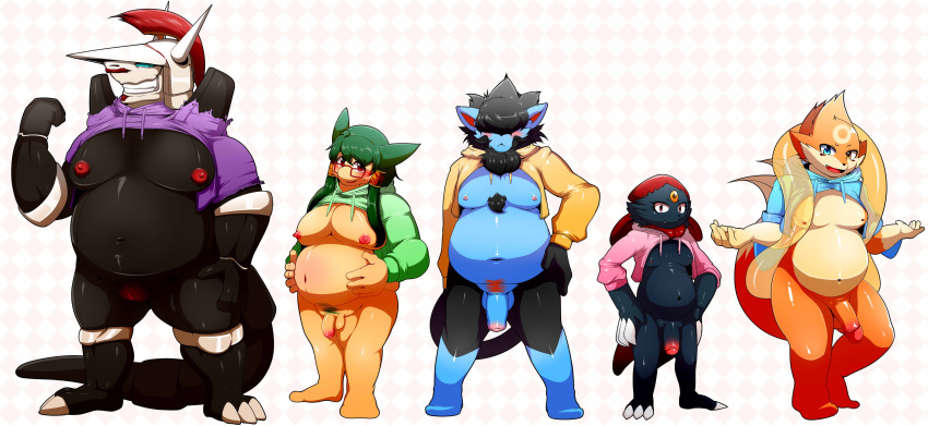 absurd_res aggron animal_genitalia anthro balls black_body black_fur blush bottomless claws clothed clothing felid flaccid floatzel fur geiru_mirua genital_slit genitals group hair hair_over_eye hi_res hoodie horn luxray male mammal moobs nintendo one_eye_obstructed overweight overweight_anthro overweight_male penis pok&eacute;mon pok&eacute;mon_(species) red_eyes slit smile topwear typhlosion video_games weavile