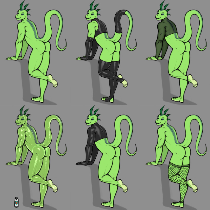 1:1 anthro black_clothing black_tailwear black_topwear bottomless butt clothed clothing fishnet fishnet_legwear furgonomics glistening glistening_body green_body green_butt green_tail hi_res kostos_art latex_clothing legwear lips lizard looking_at_viewer multiple_images nude pose reptile scalie shadow soles solo tail_clothing tailwear topwear