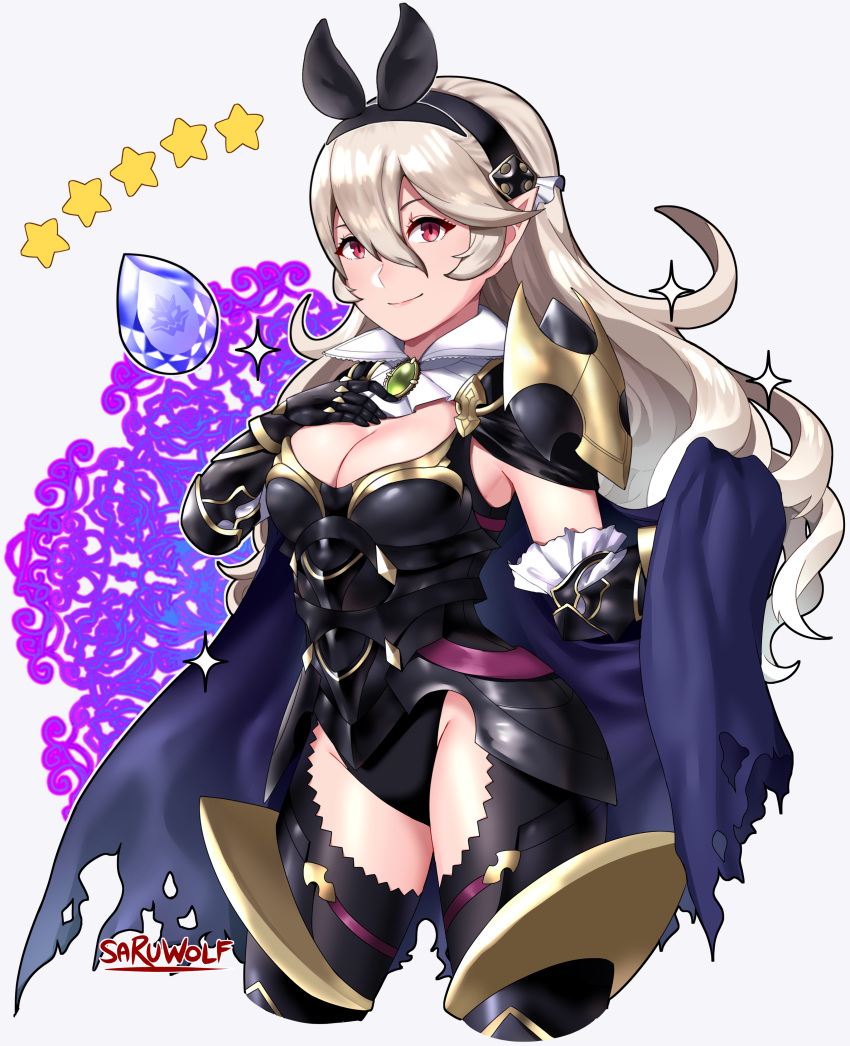 1girl absurdres alternate_costume animal_ears armor armored_leotard bat_ears breasts cape cleavage corrin_(fire_emblem) corrin_(fire_emblem)_(female) cropped_legs fake_animal_ears fire_emblem fire_emblem_fates fire_emblem_heroes gauntlets hairband highres long_hair looking_at_viewer official_alternate_costume pointy_ears sarukaiwolf smile solo thighhighs
