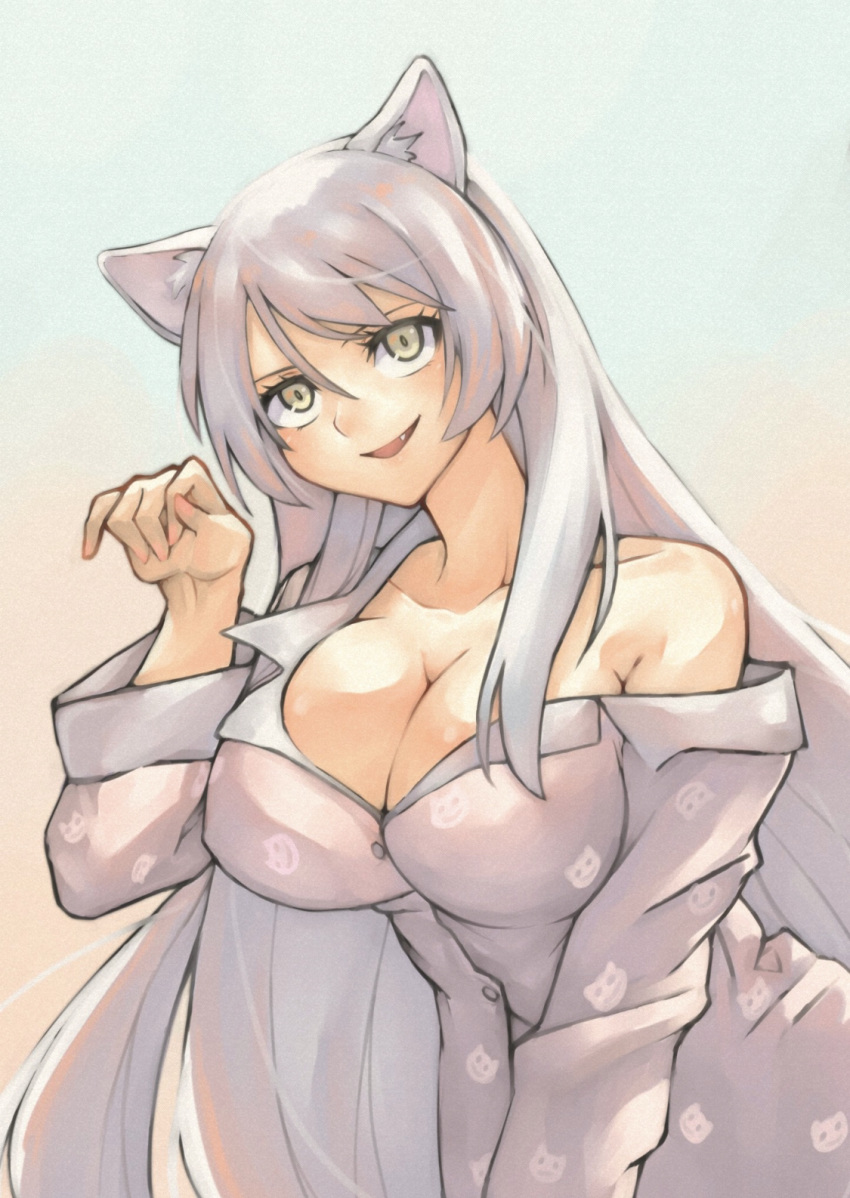 0g0nn 1girl animal_ears animal_print bakemonogatari bakeneko black_hanekawa breasts cat_ears cat_girl cat_print cleavage commentary_request fang hanekawa_tsubasa highres large_breasts long_hair looking_at_viewer monogatari_(series) open_mouth pajamas paw_pose print_pajamas smile solo very_long_hair white_hair yellow_eyes