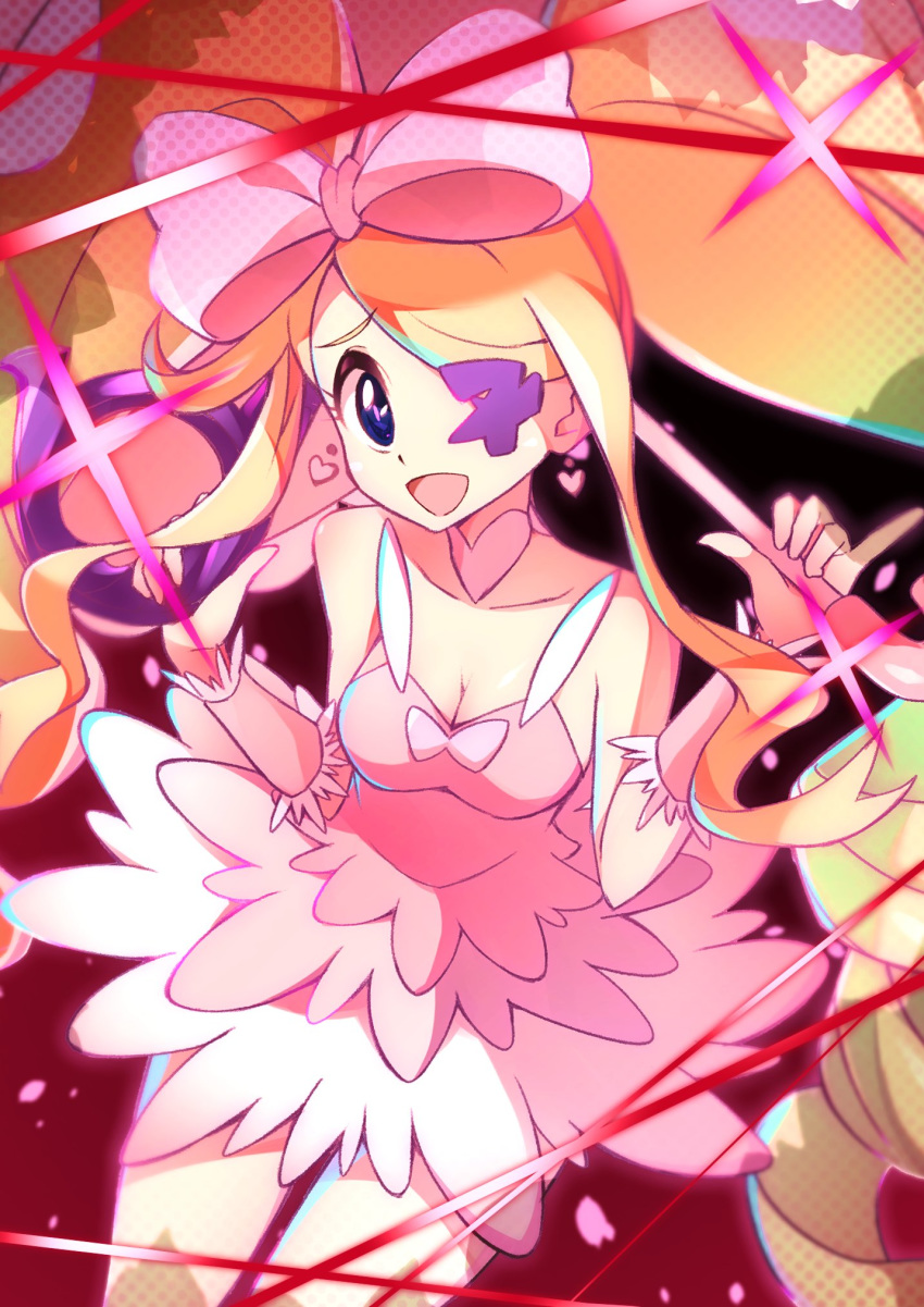 1girl big_hair blonde_hair bow breasts cleavage collarbone commentary_request dress earrings eyelashes eyepatch floating_hair hair_bow harime_nui heart highres holding jewelry kill_la_kill life_fiber long_hair looking_at_viewer miyama-san open_mouth pink_bow pink_dress raised_eyebrows smile solo tongue wrist_cuffs