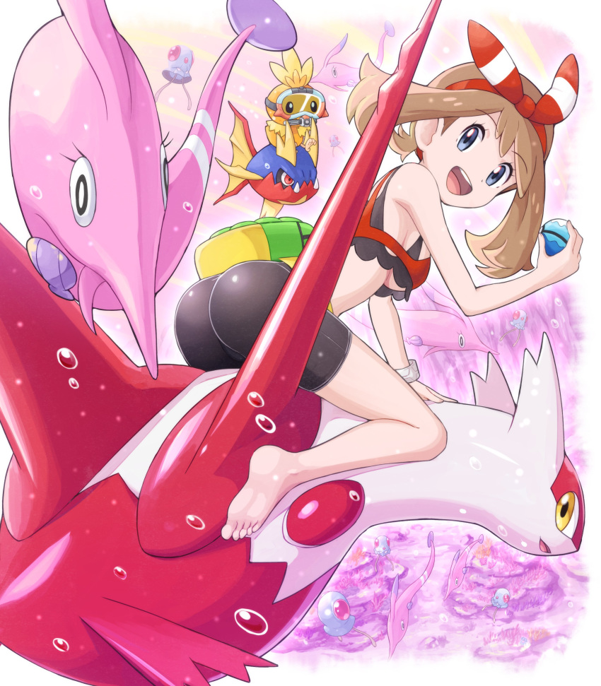 1girl :d absurdres bangs bare_arms barefoot bike_shorts bow_hairband breasts brown_hair bubble carvanha commentary_request dive_ball eyebrows_visible_through_hair eyelashes fanny_pack gen_1_pokemon gen_3_pokemon gorebyss grey_eyes hairband highres holding holding_poke_ball latias legendary_pokemon looking_at_viewer looking_back may_(pokemon) open_mouth poke_ball pokemoa pokemon pokemon_(creature) pokemon_(game) pokemon_oras red_hairband riding_pokemon smile soles teeth tentacool toes tongue torchic