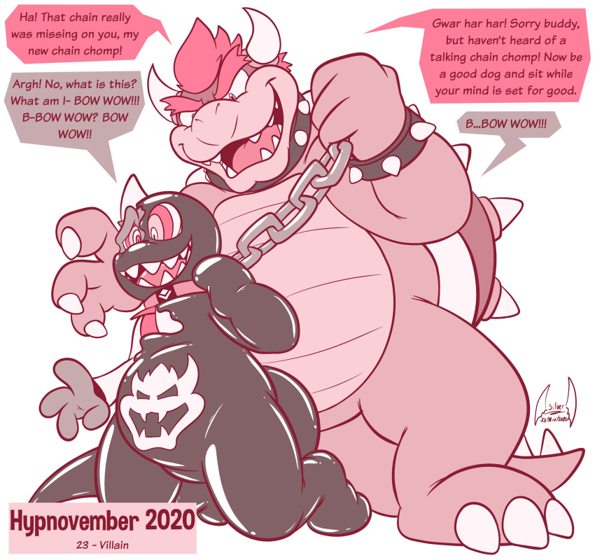 2020 4_fingers absurd_res anthro black_body bowser bracelet chain chain_chomp claws collar digital_drawing_(artwork) digital_media_(artwork) dragon duo english_text featureless_crotch fingers grey_body hi_res horn hypnosis hypnovember jewelry kneeling koopa male mario_bros markings mind_control nintendo open_mouth reptile ringed_eyes scalie sharp_teeth simple_background size_difference smile soul-silver-dragon soul-silver-dragon_(character) speech_bubble spiked_bracelet spikes teeth text toe_claws toony video_games white_background wrist_cuff