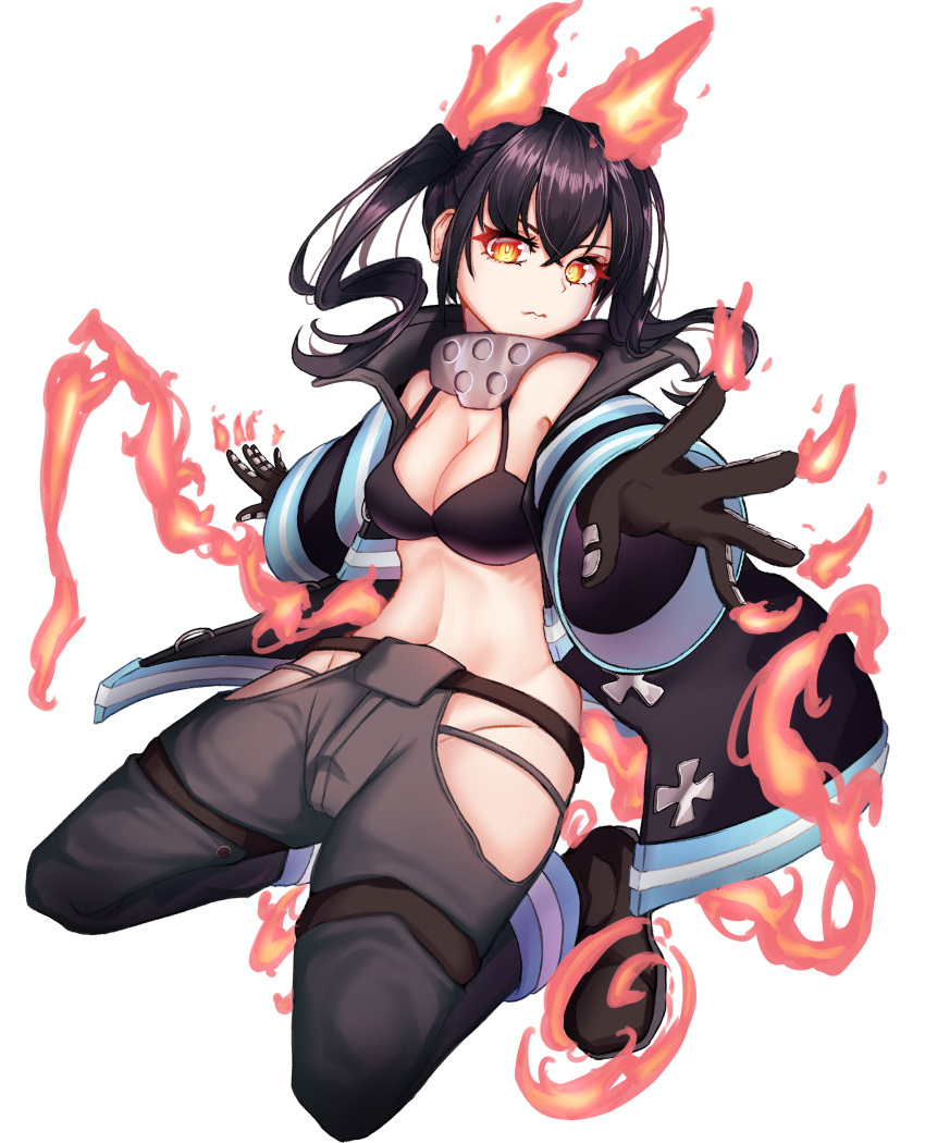 1girl baggy_pants bangs bare_shoulders bikini black_bikini black_coat black_footwear black_gloves black_hair boots breasts cleavage closed_mouth coat crossed_bangs en'en_no_shouboutai english_commentary eyebrows_visible_through_hair fiery_ears fiery_tail fire foreshortening full_body gloves grey_pants groin hair_between_eyes highres hip_vent jehwa long_hair looking_at_viewer medium_breasts metal_gloves midriff navel off-shoulder_coat open_clothes open_coat outstretched_arms pants sidelocks simple_background solo swimsuit tail tamaki_kotatsu twintails visor_(armor) white_background yellow_eyes