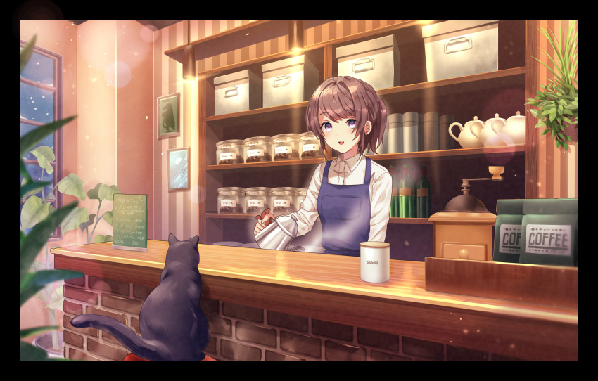 1girl animal apron bangs beige_shirt black_border black_cat blue_apron border box breasts brown_hair cafe cat coffee coffee_grinder coffee_mug collared_shirt commentary_request cup derori highres indoors long_sleeves looking_at_viewer mug open_mouth original plant potted_plant purple_eyes shirt short_hair small_breasts smile solo steam striped_wall