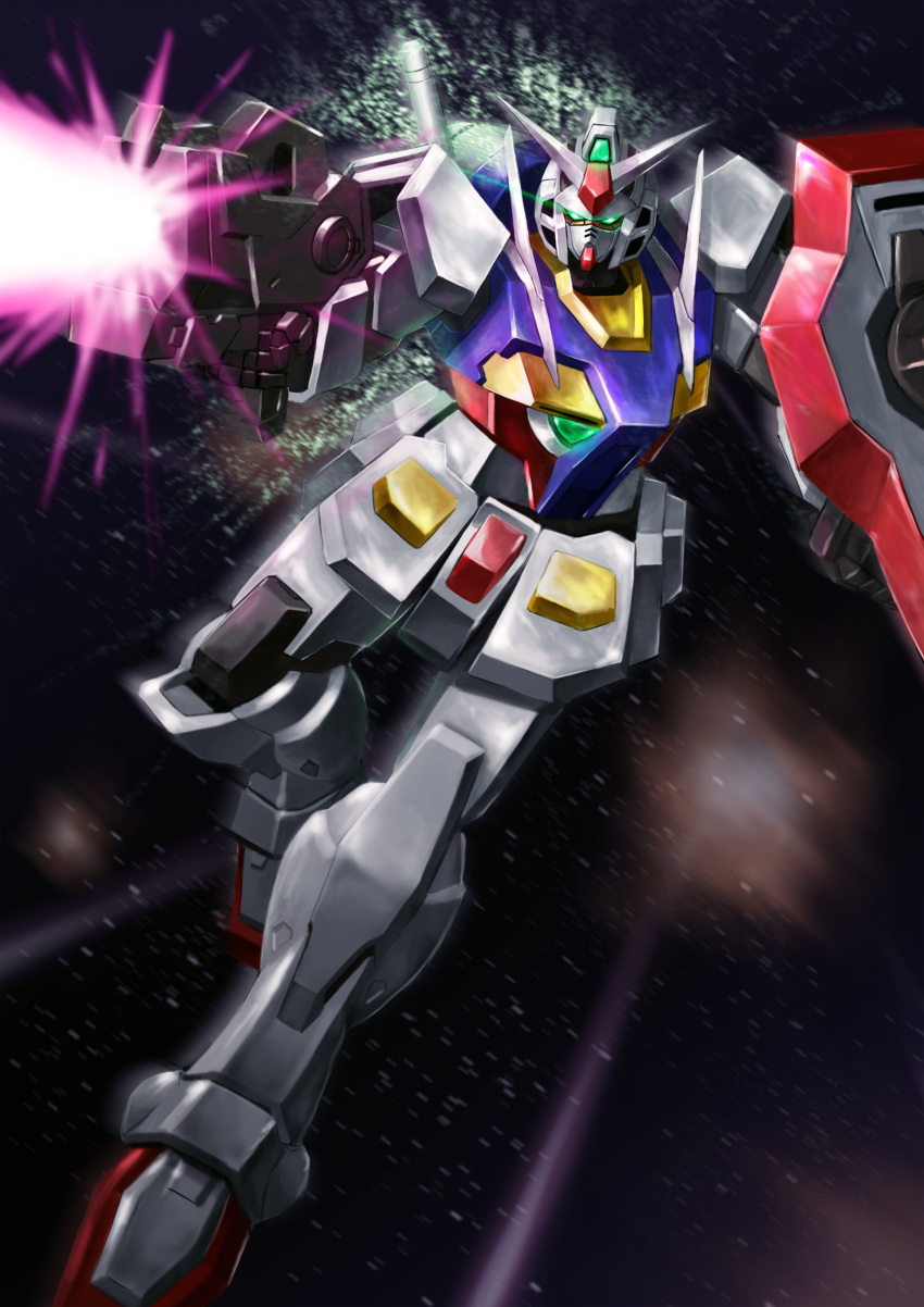 0_gundam absurdres explosion firing floating glowing glowing_eyes green_eyes gun gundam gundam_00 highres holding holding_gun holding_shield holding_weapon kadej mecha no_humans science_fiction shield solo space v-fin weapon