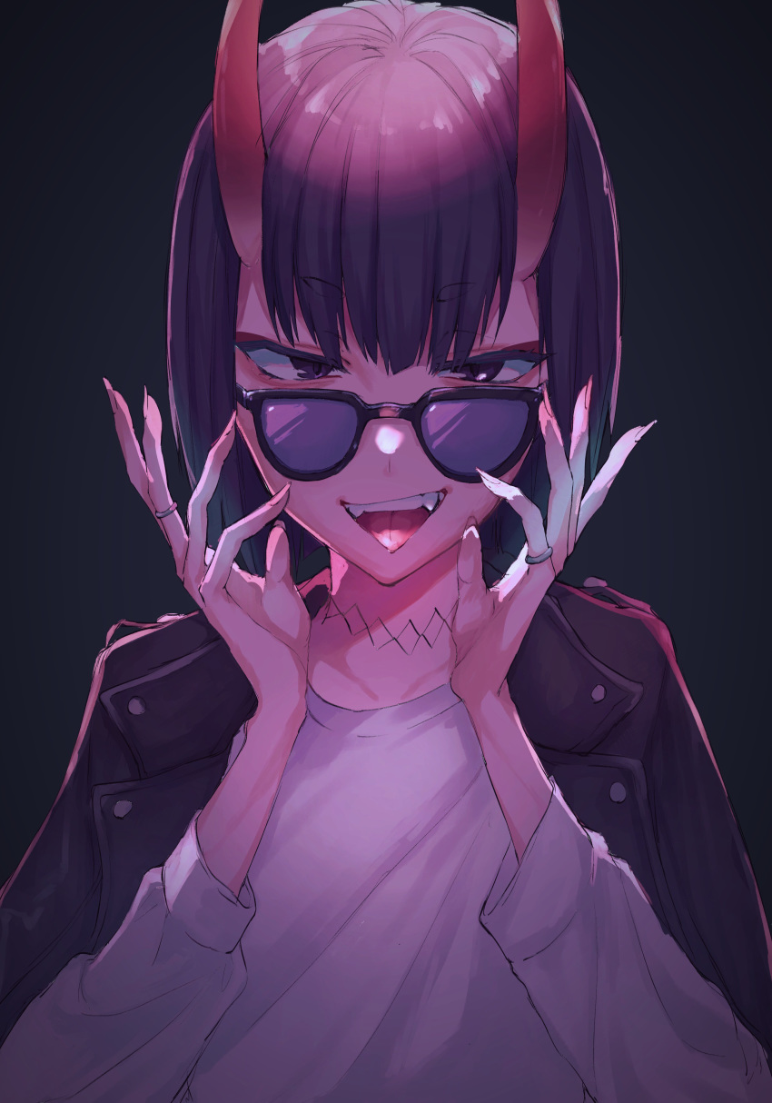 1girl absurdres bangs black_jacket bob_cut breasts eyeliner fate/grand_order fate_(series) highres horns ichiya1115 jacket jacket_on_shoulders jewelry long_sleeves looking_at_viewer makeup oni oni_horns open_clothes open_jacket open_mouth purple_eyes purple_hair ring shirt short_hair shuten_douji_(fate/grand_order) skin-covered_horns smile sunglasses teeth white_shirt