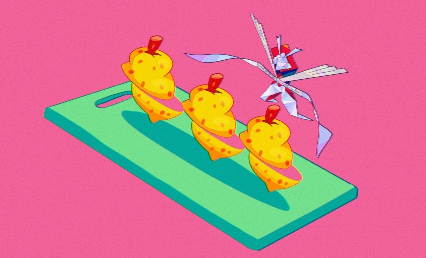 absurdres berry_(pokemon) commentary cutting_board film_grain gen_7_pokemon highres kartana no_humans pink_background pokemon pokemon_(creature) saiku_(zvlku) simple_background solo ultra_beast